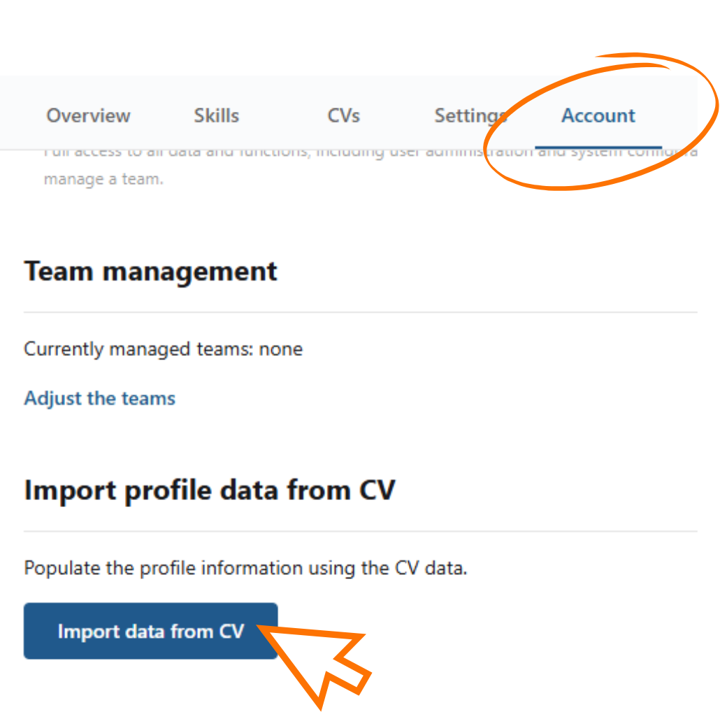 Profile Account tab with the Import data from CV button