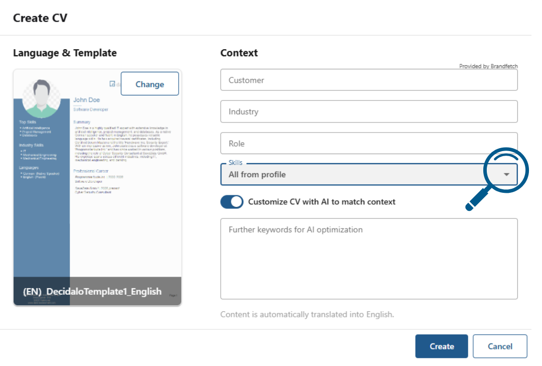 Create CV dialog with template preview, context fields, skill selection and the AI customization toggle