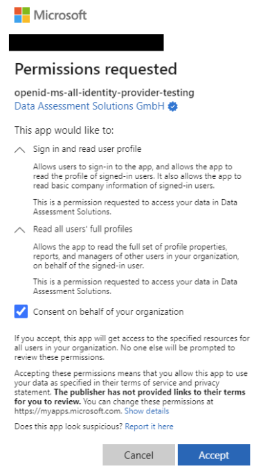 Microsoft permissions requested prompt with the Consent on behalf of your organization checkbox selected