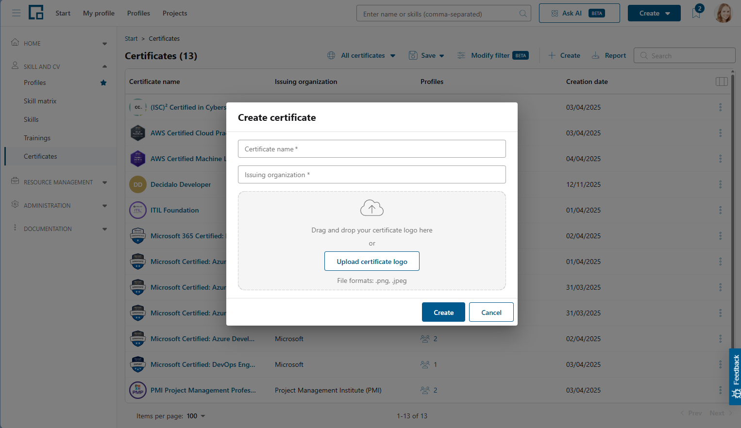 Create certificate pop-up with certificate name, issuing organization and logo upload fields