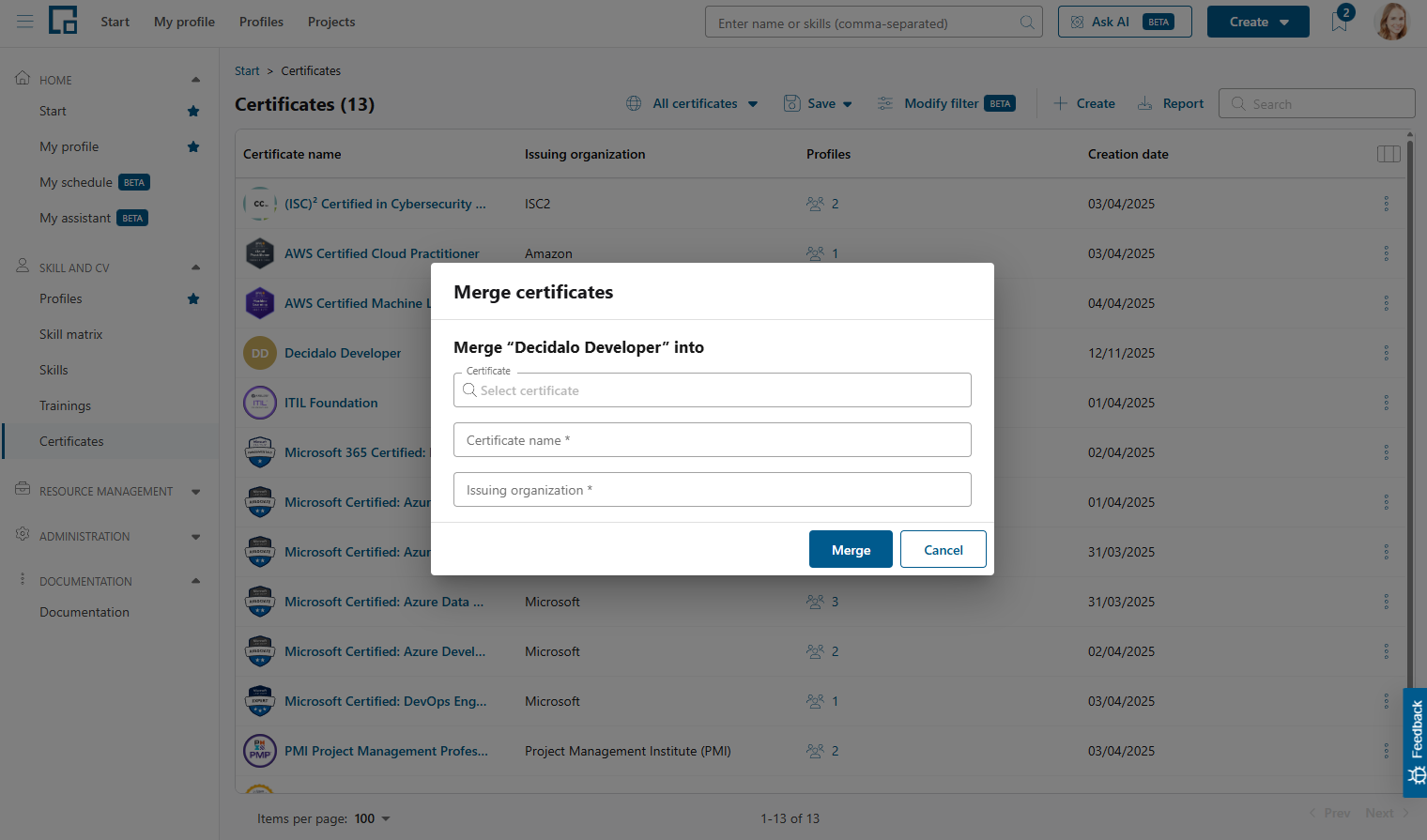 Merge certificates pop-up for selecting the target certificate and confirming name and issuing organization
