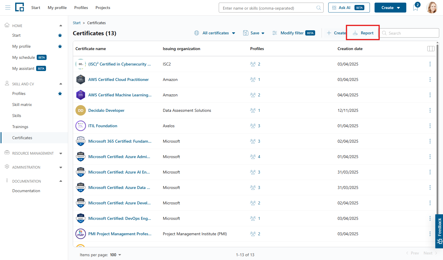 Report button highlighted above the certificates table for downloading the Excel overview