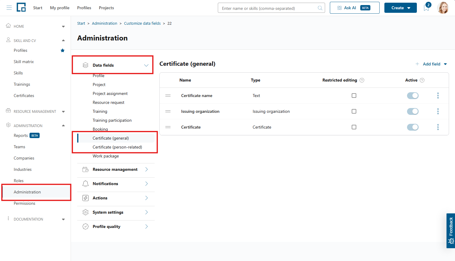 Administration page with Data fields expanded and the two certificate field groups highlighted