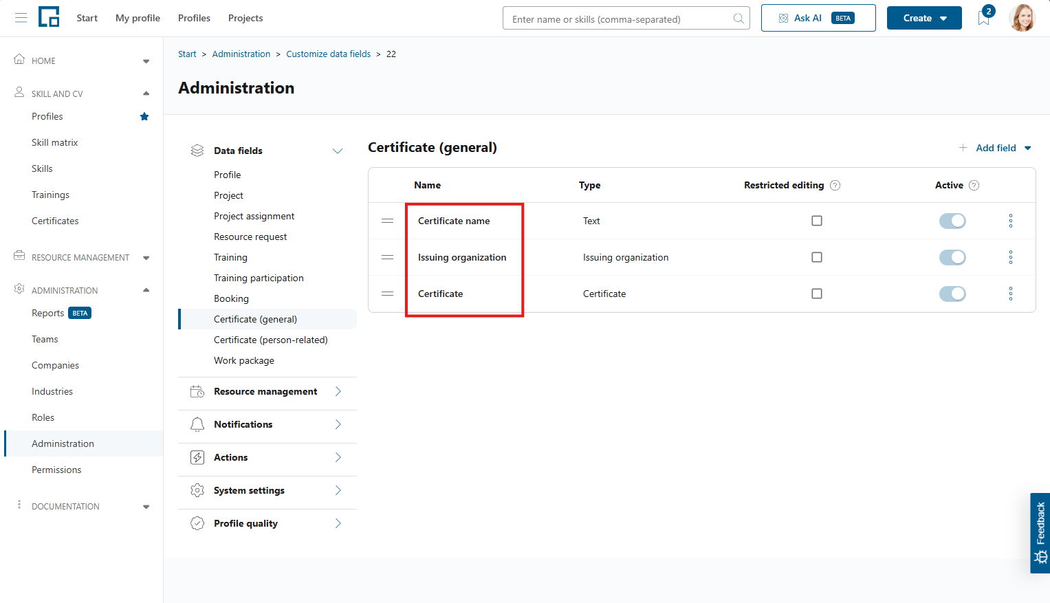 Data fields for Certificate (general) with certificate name, issuing organization and certificate fields