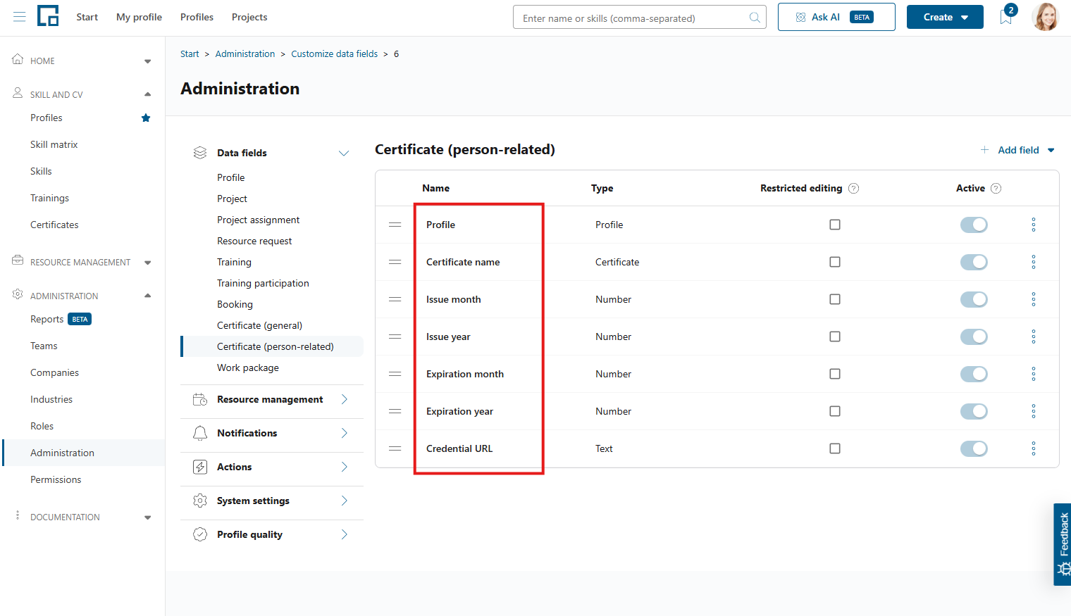 Data fields for Certificate (person-related) with profile, issue and expiration dates and credential URL