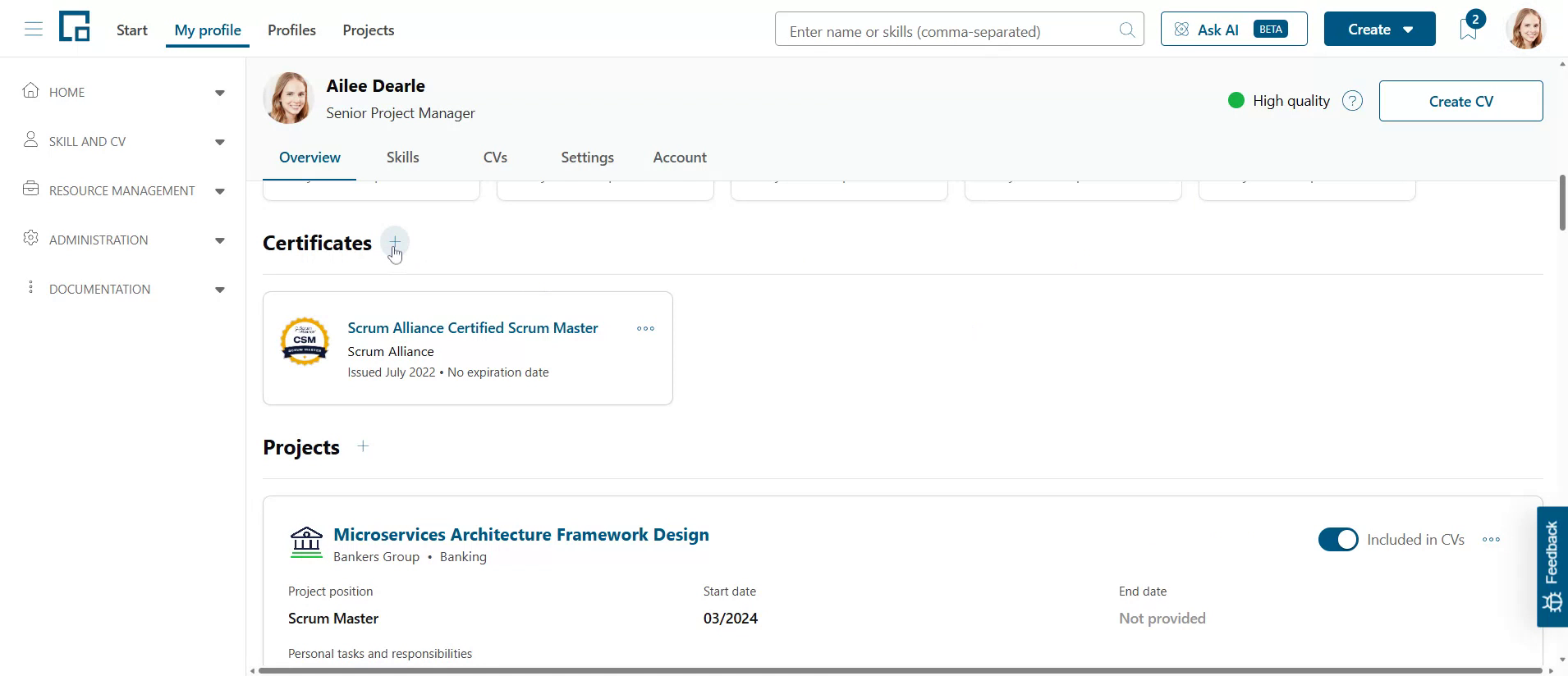 Plus button next to the Certificates section header on the profile, used to add a certificate