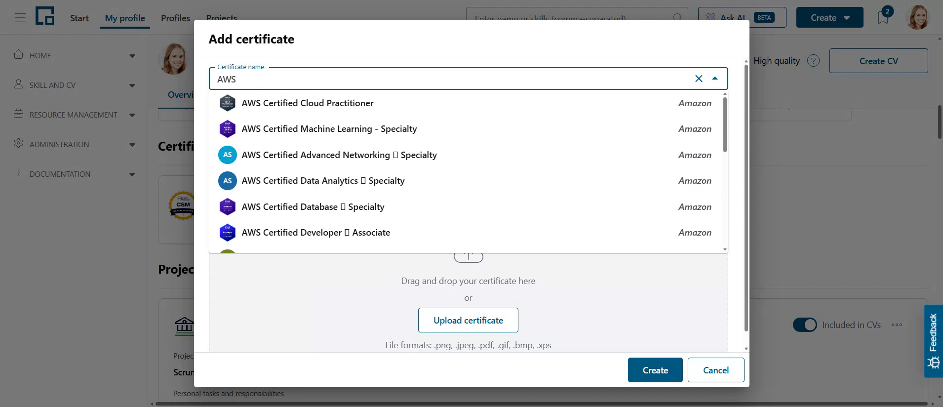 Add certificate pop-up with the auto-complete list suggesting catalog certificates for the typed name