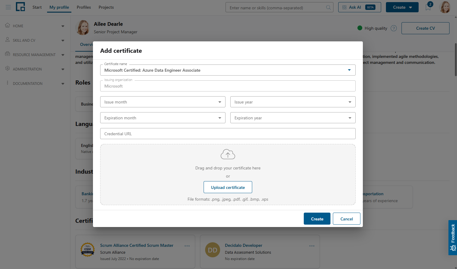 Add certificate form with a catalog certificate selected and the issuing organization pre-filled read-only