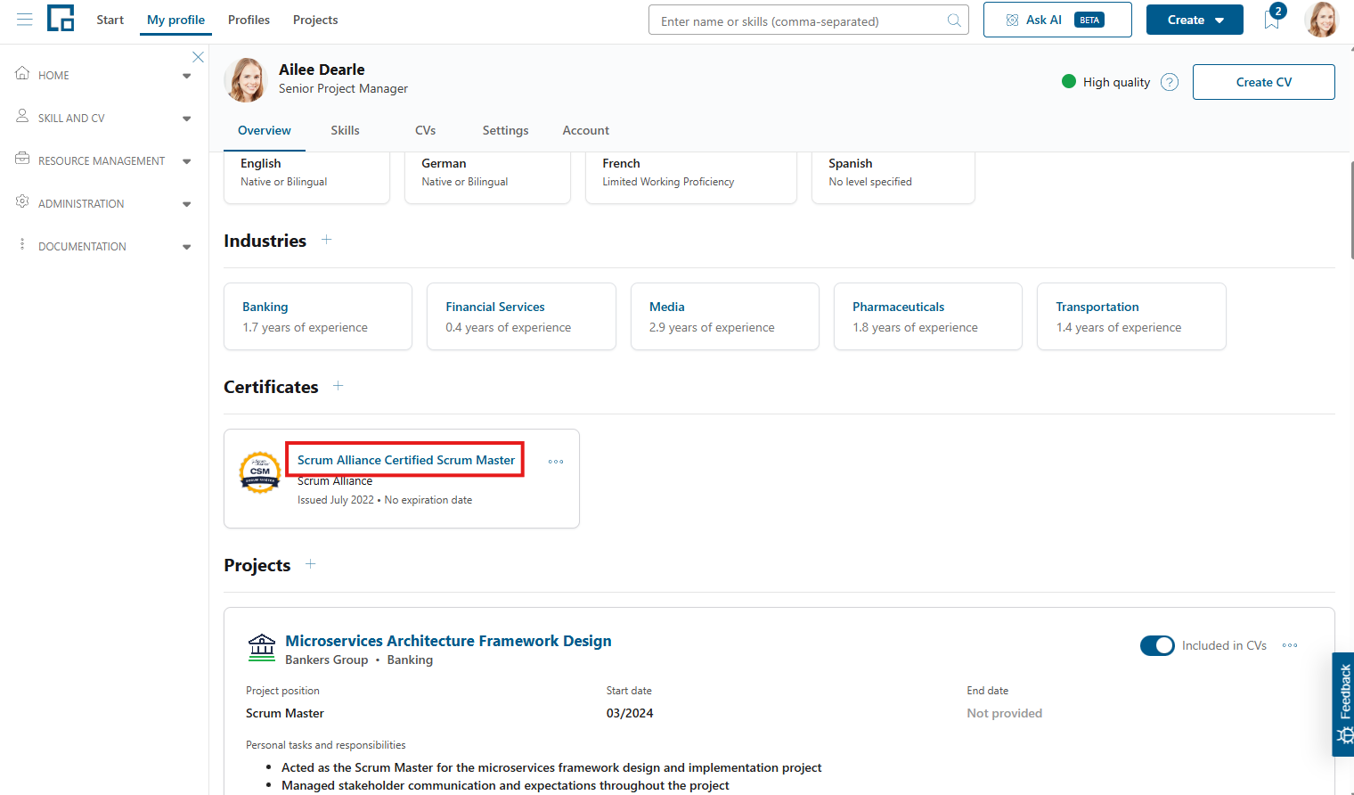 Certificate tile on the profile with its name highlighted as the link that opens it for editing