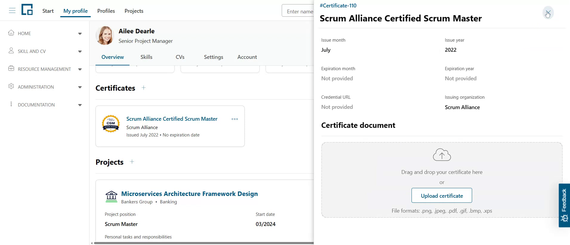 Certificate side drawer with inline-editable issue and expiration dates, credential URL and document upload