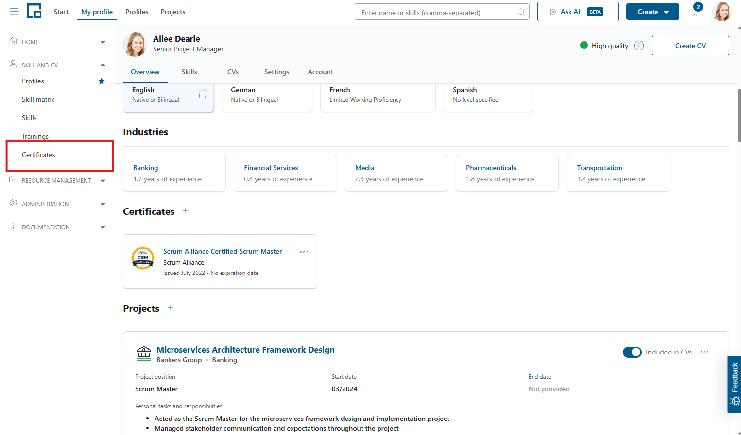 Certificates menu item highlighted under Skill and CV in the navigation menu