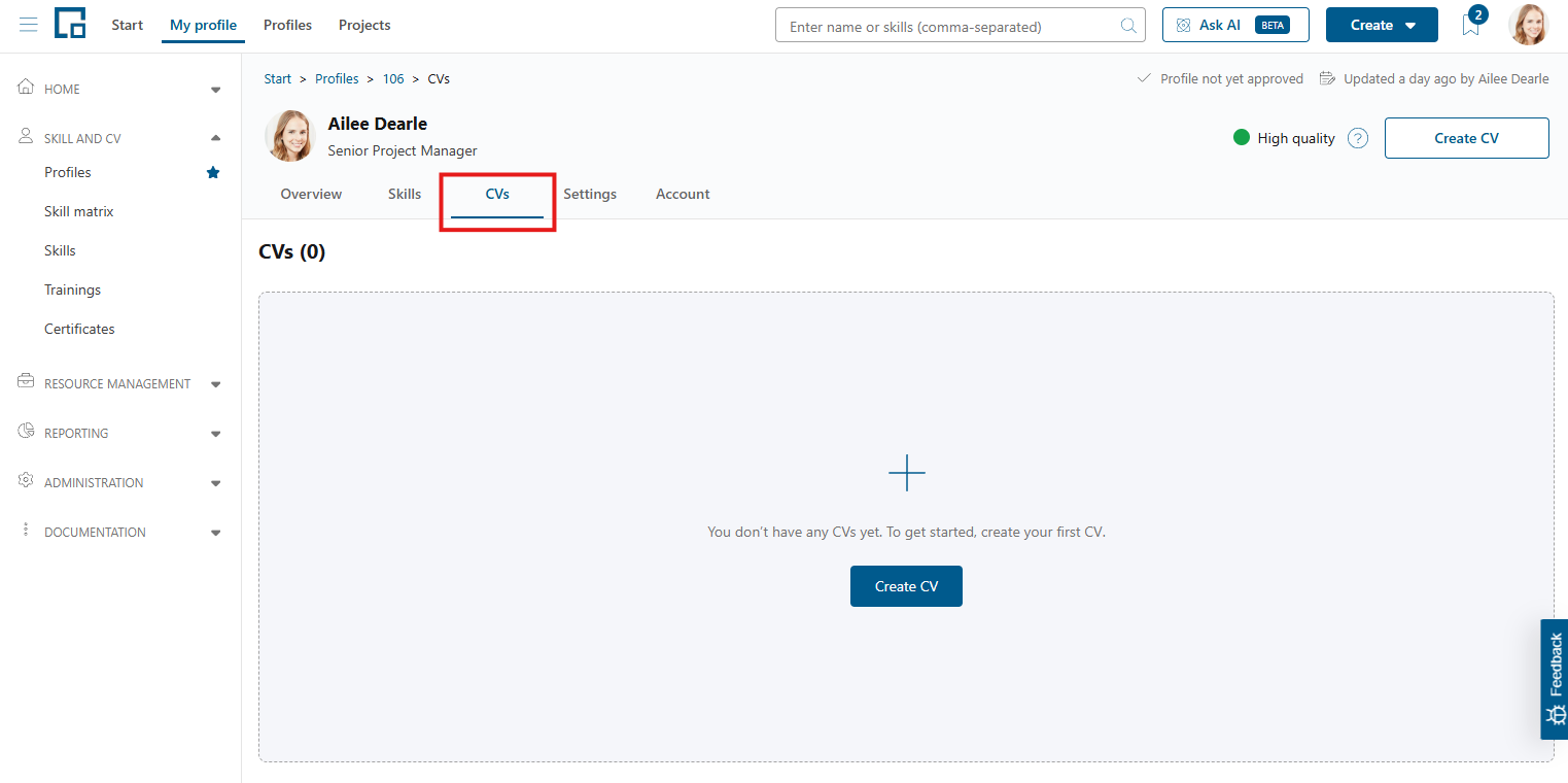 CVs tab on a profile highlighted, showing an empty CV list with a Create CV button