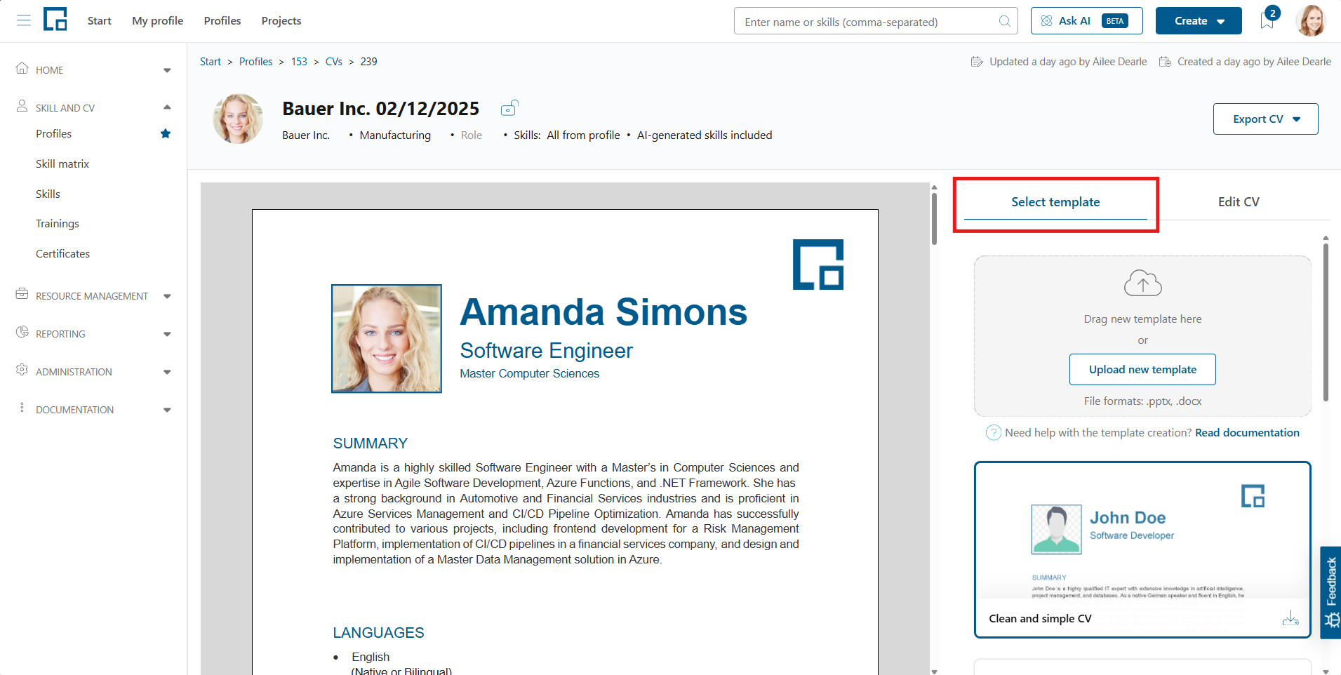 Select template tab highlighted in the CV editor with template upload and template tiles