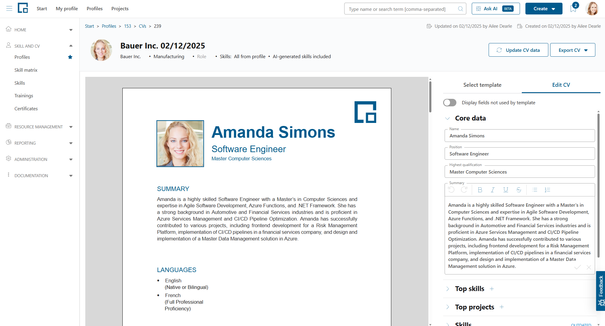 CV editor with the Core data category expanded, showing name, position, qualification and summary