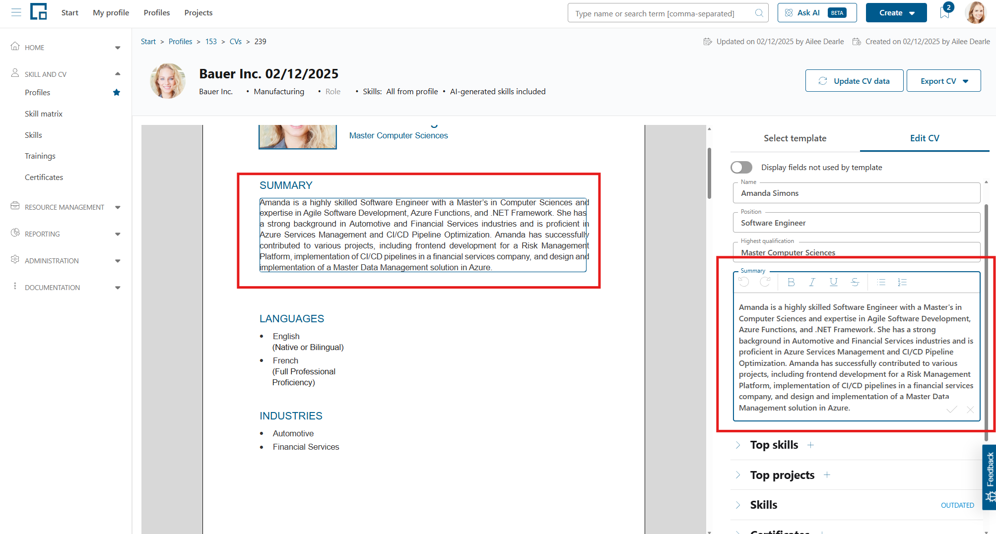 Summary in the CV preview highlighted together with the matching Summary field in the editor