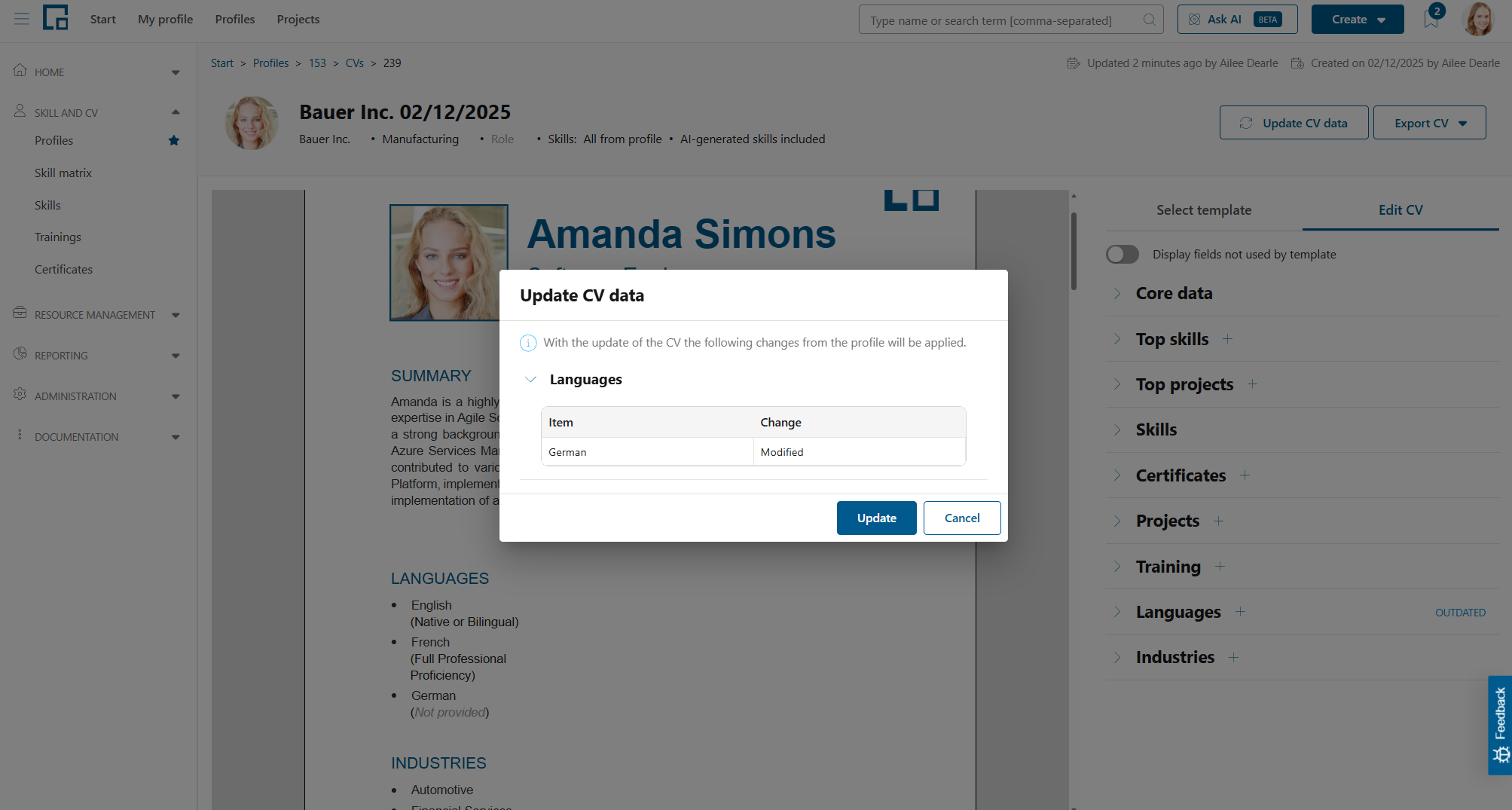 Update CV data pop-up listing the profile changes that will be applied to the CV