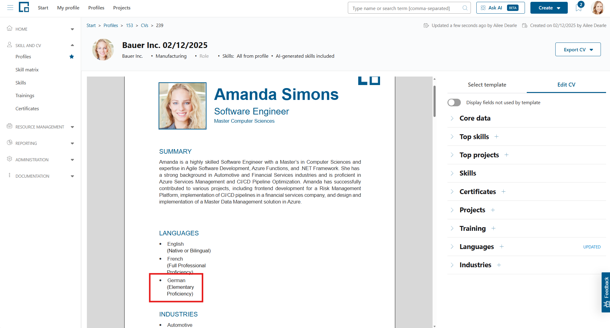 CV preview showing the updated language entry after applying the profile changes