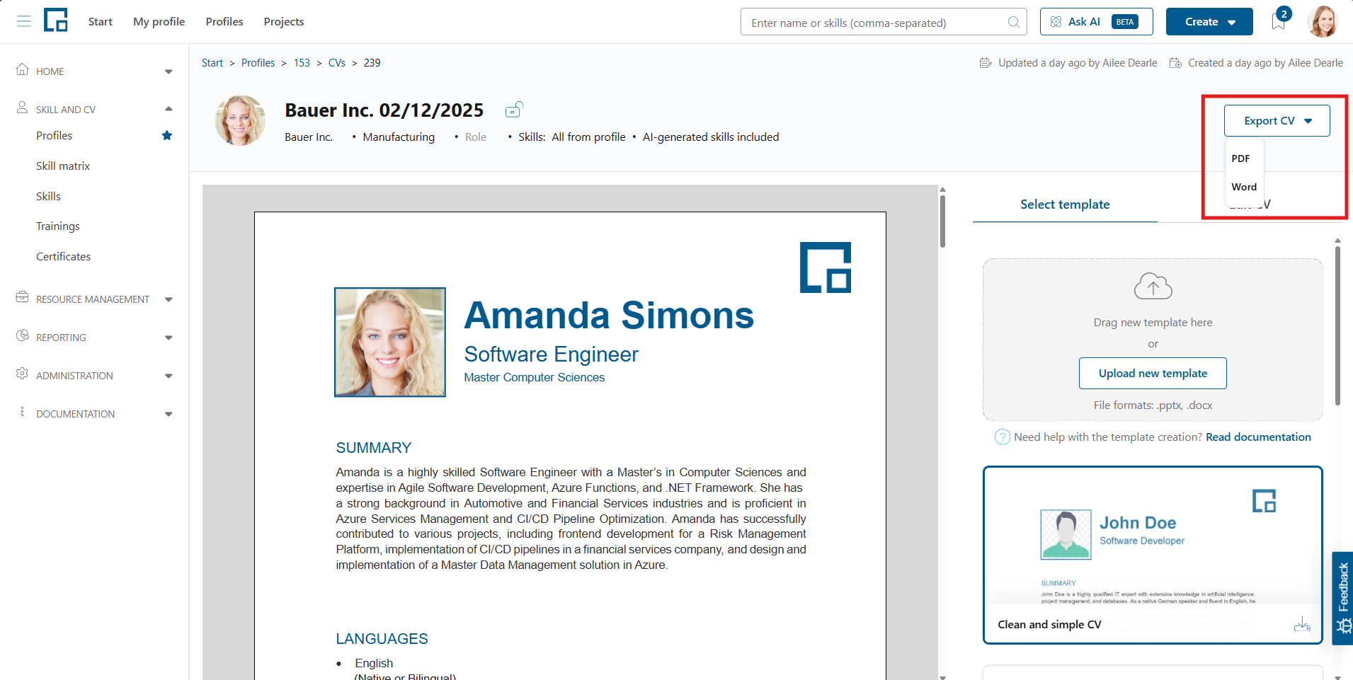 Export CV menu with PDF and Word options for a CV based on a Word template