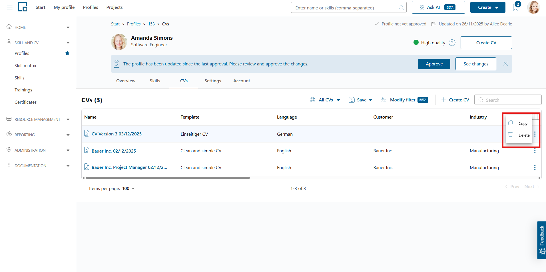Row menu in the CV table with the Copy and Delete options