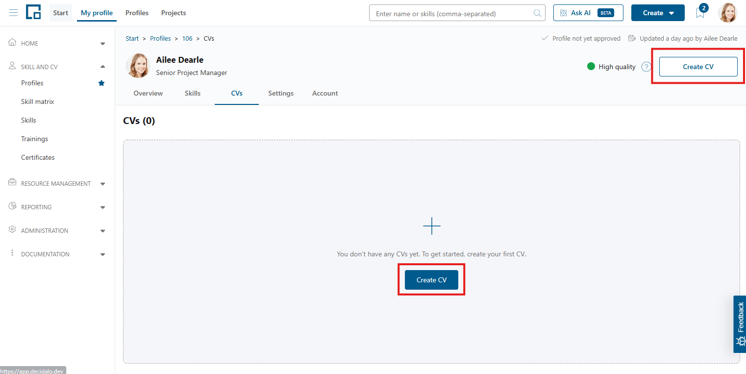 Create CV buttons highlighted in the profile header and in the empty CV area