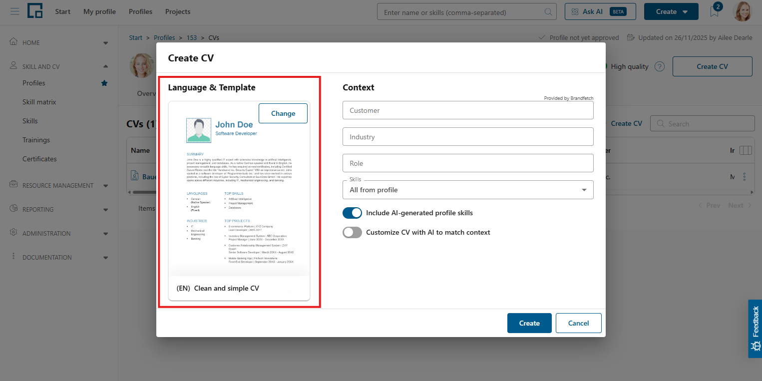 Create CV pop-up with the language and template preview highlighted on the left