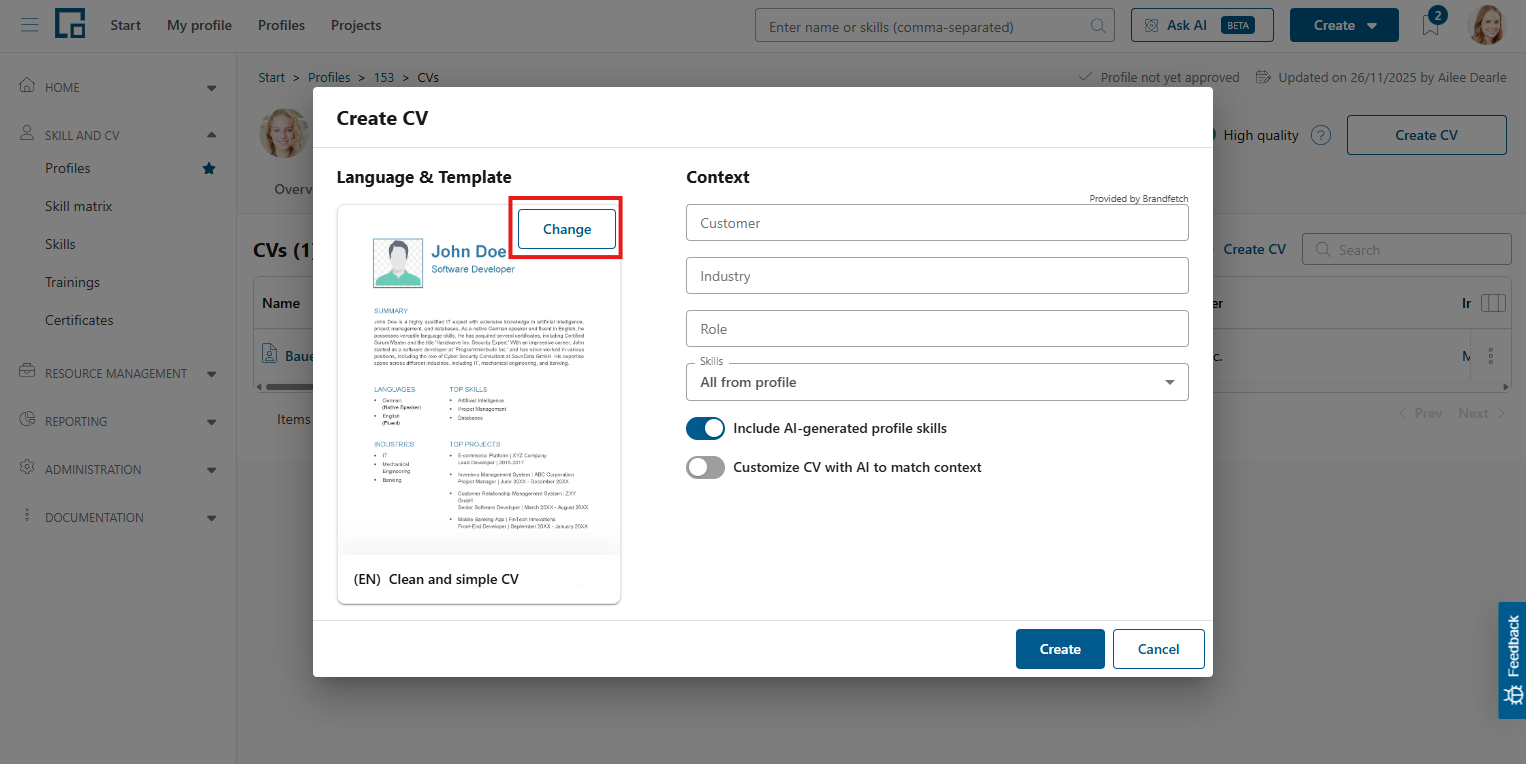 Change button highlighted on the template preview in the Create CV pop-up