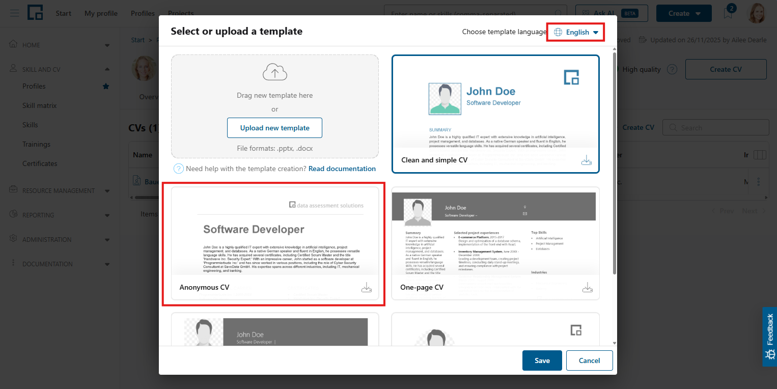 Template selection pop-up with the language selector and a template tile highlighted