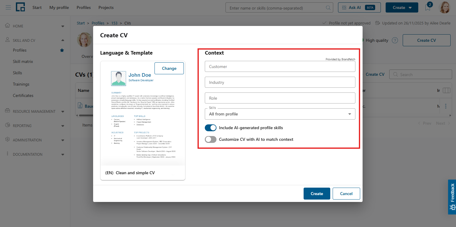 Context section of the Create CV pop-up with customer, industry, role, skills and AI options