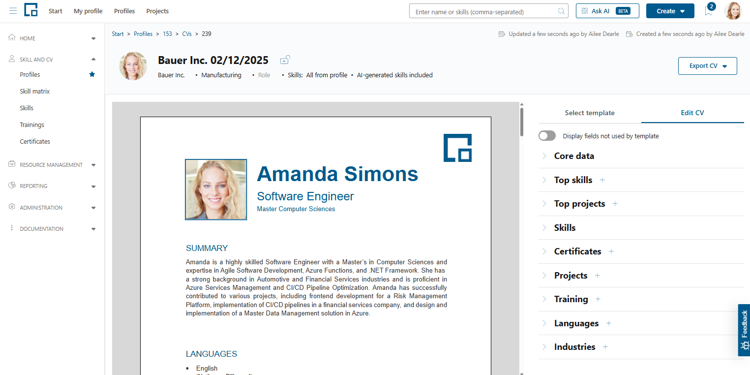 CV editor with the document preview on the left and the data categories on the right