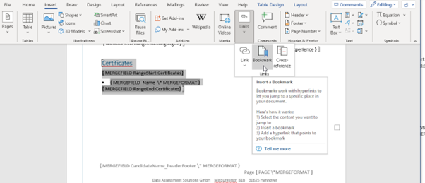 Certificates section selected in Word with the Bookmark button in the Insert tab
