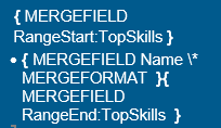 Top skills range with a bullet symbol placed before the Name merge field