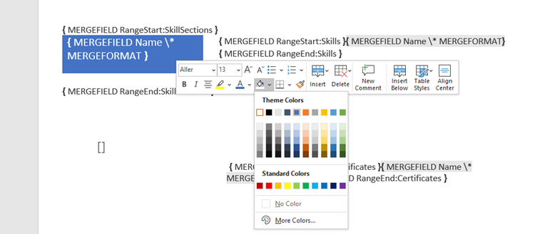 Word table cell shading color picker used to color a template section