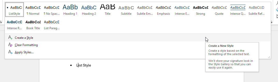 Word Styles gallery with the Create a Style option for a selected bullet list item