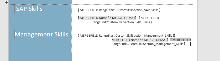 Two custom skill section ranges with their titles placed in table cells of the template