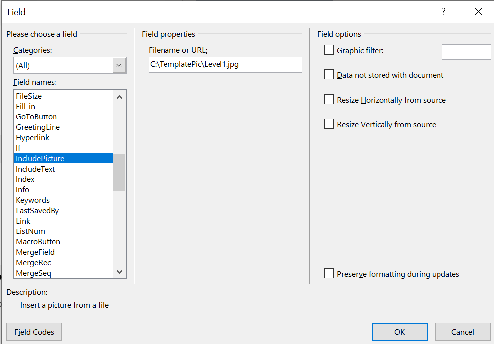 Word Field dialog with IncludePicture selected and a local image path entered