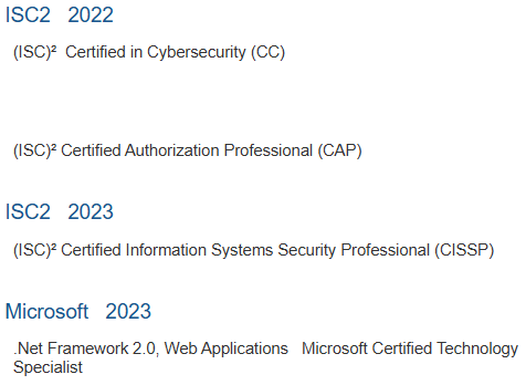 Generated CV listing certificates grouped under organization and issue year headings