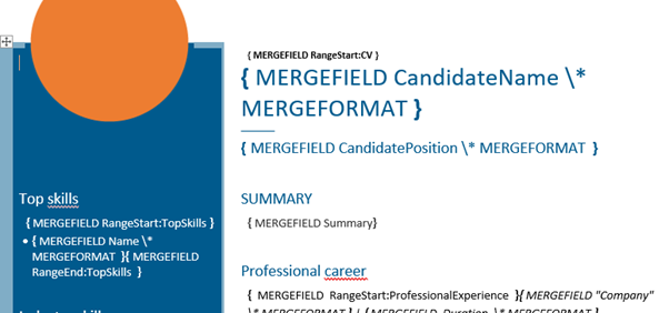 Word template with field codes visible, showing merge fields for name, position, top skills and summary