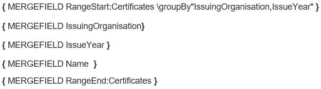 Certificates range start with a groupBy switch listing issuing organisation and issue year
