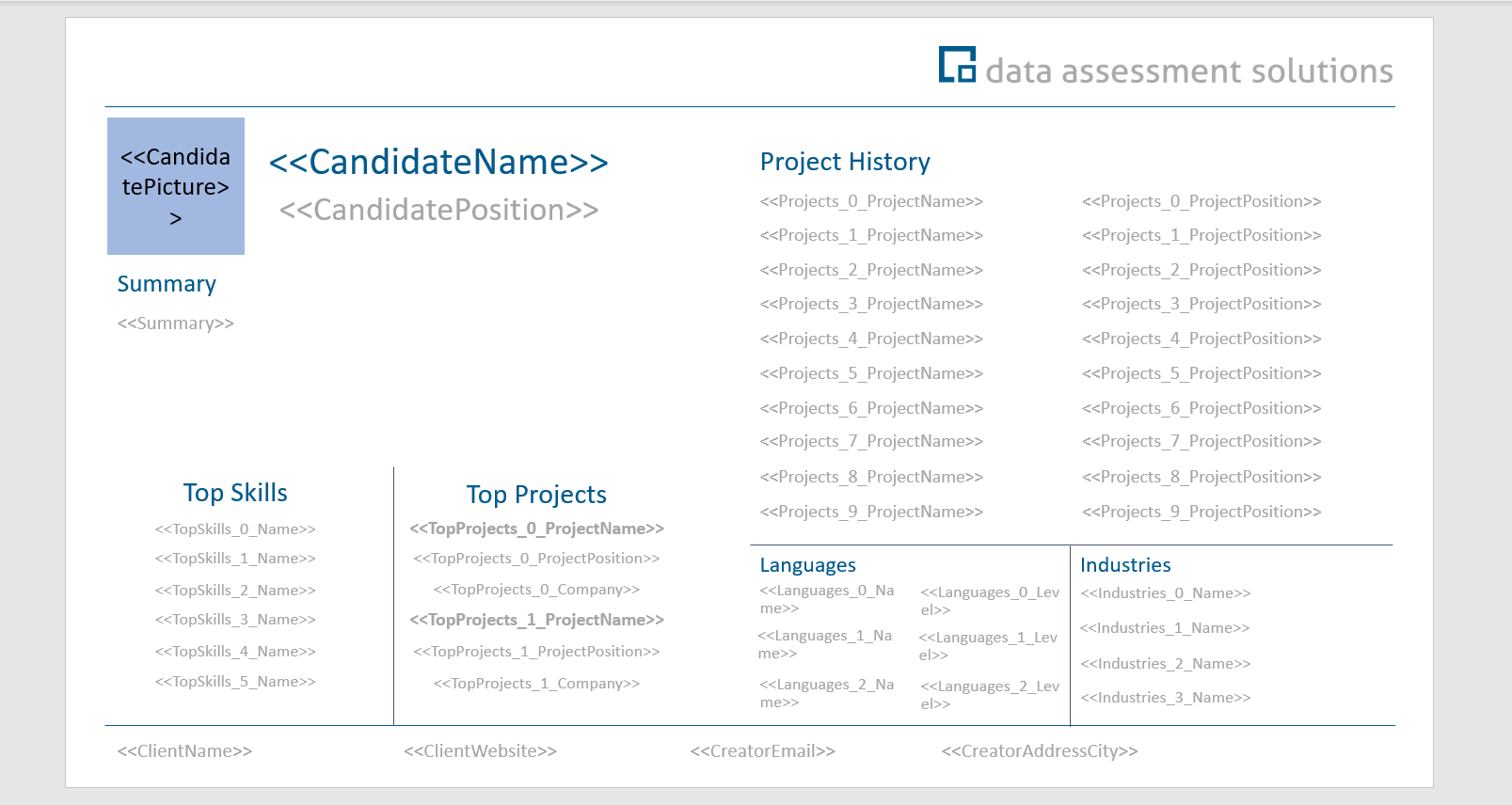 PowerPoint one-pager template with placeholders for name, picture, summary, top skills, projects and languages