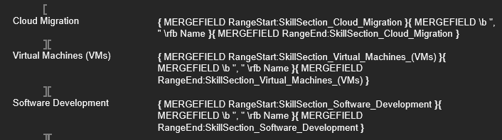 Three named skill section ranges placed individually in the template, each in a bookmark