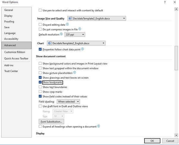Word Options advanced settings with the Show bookmarks checkbox checked