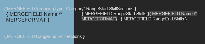 SkillSections range start with the groupingType switch set to Category