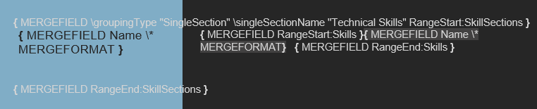SkillSections range start with groupingType SingleSection and a custom single section name