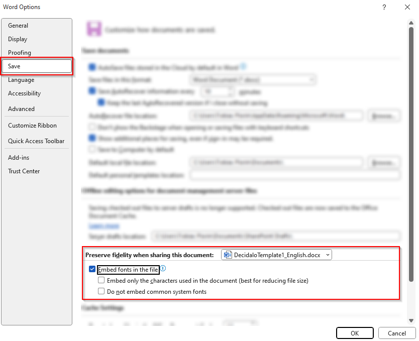 Word Options save settings with Embed fonts in the file checked and the two sub-options unchecked