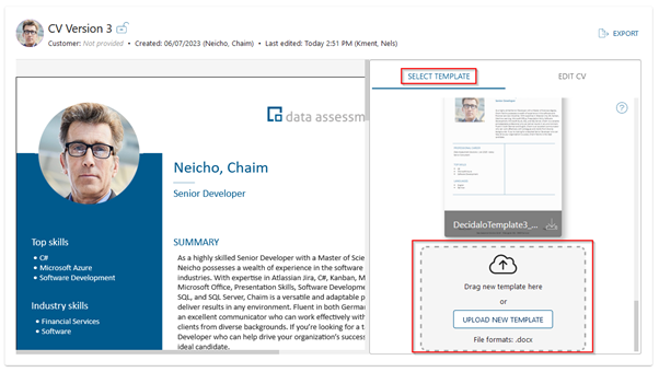 CV page with the Select template tab and the upload area for a new template highlighted