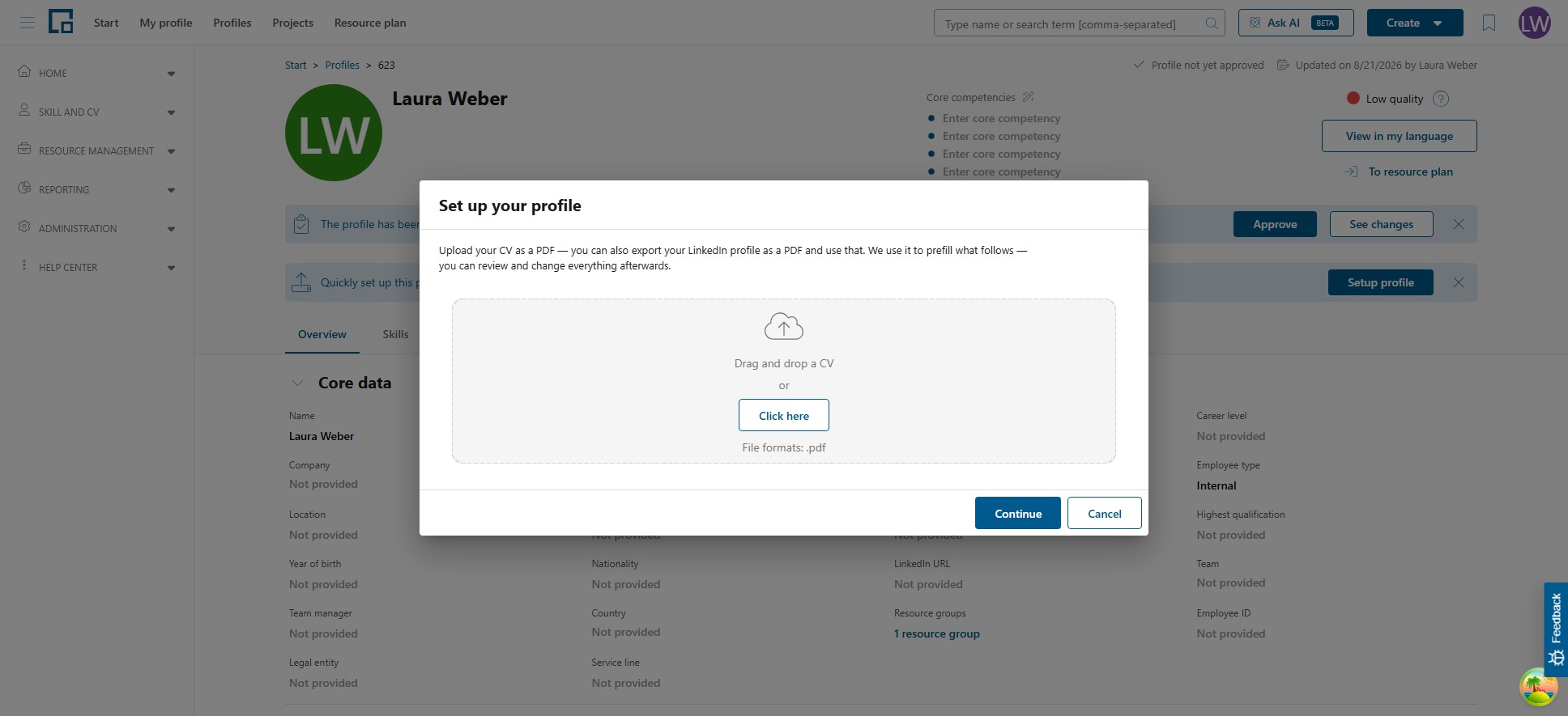 Set up your profile dialog with a drop zone for uploading a CV as PDF