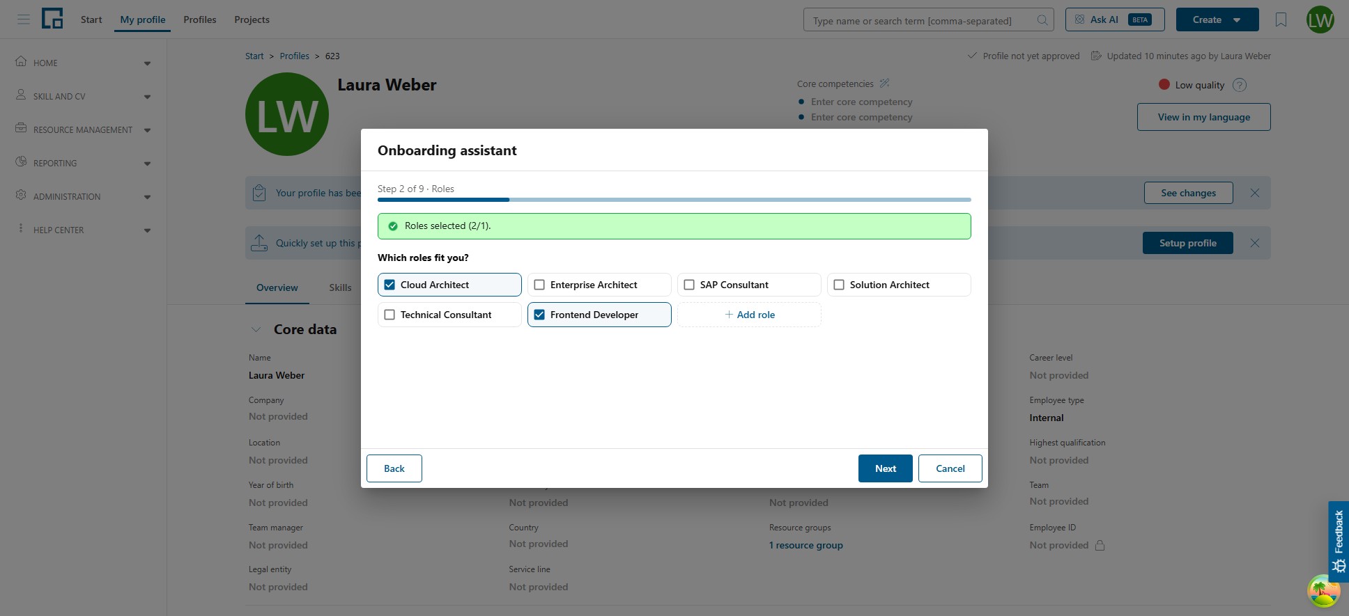 Roles step with suggested roles as checkboxes and an Add role option