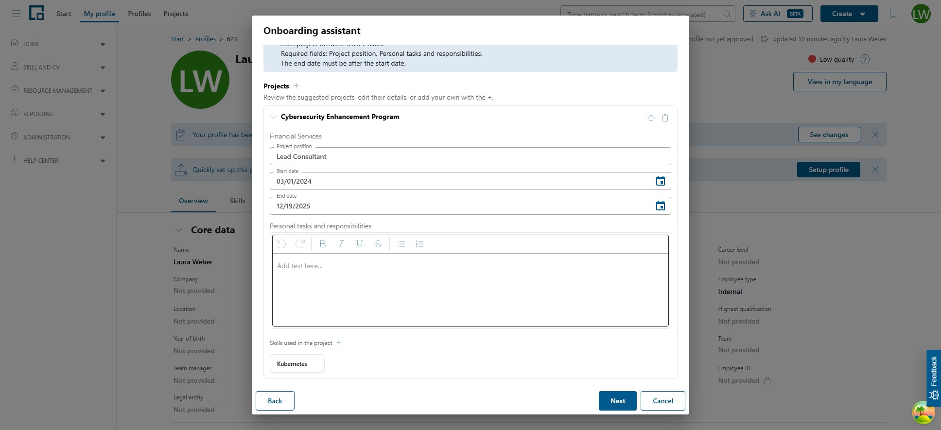Projects step with a suggested project card showing position, dates, tasks and skills used
