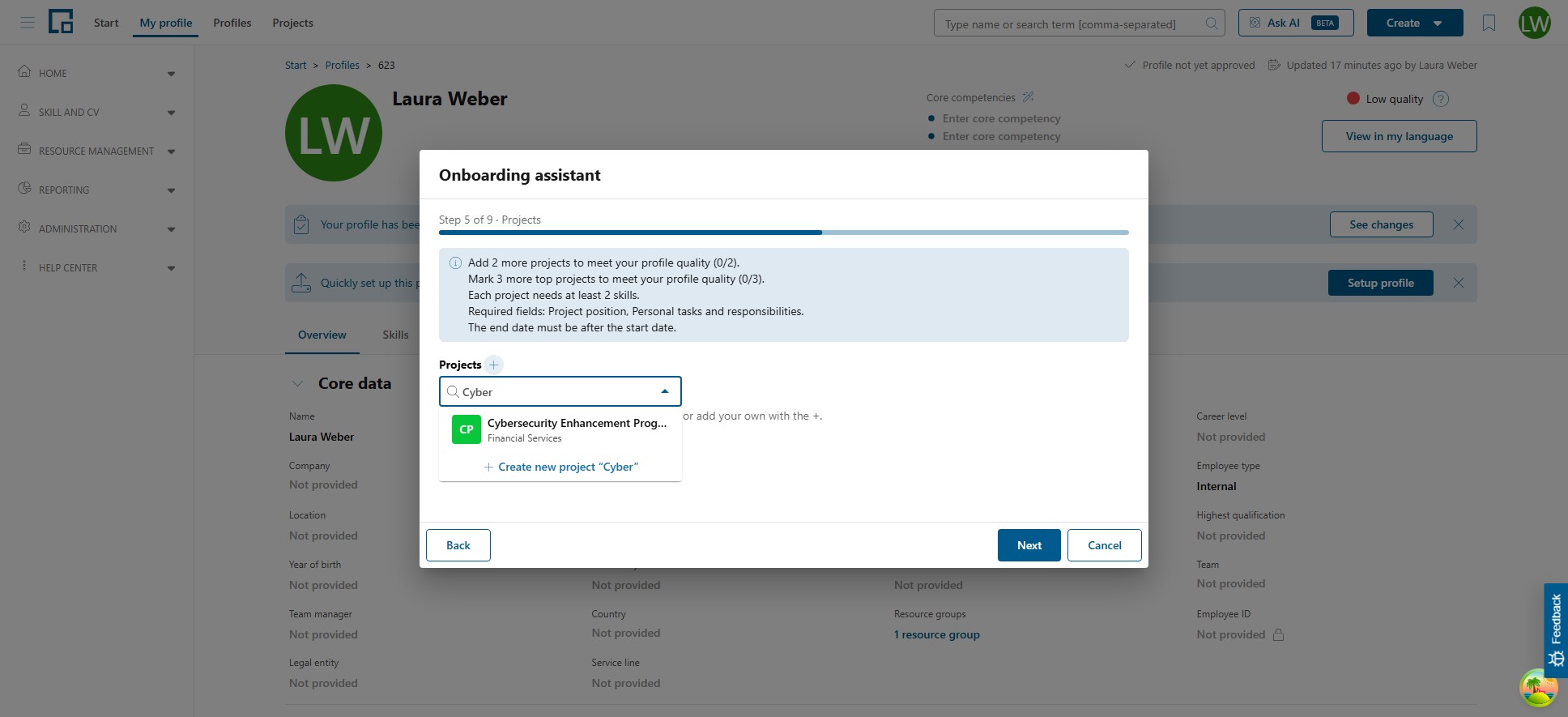 Project search listing a matching catalog project and an option to create a new project