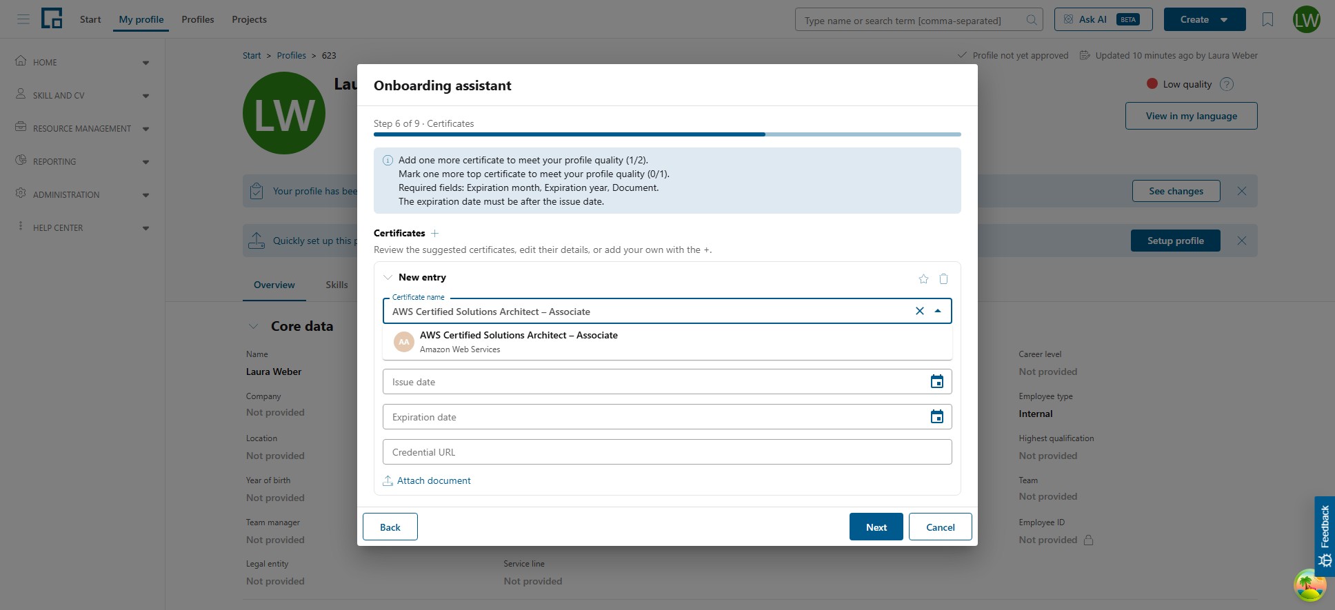Certificate name search showing a catalog entry with its issuing organization